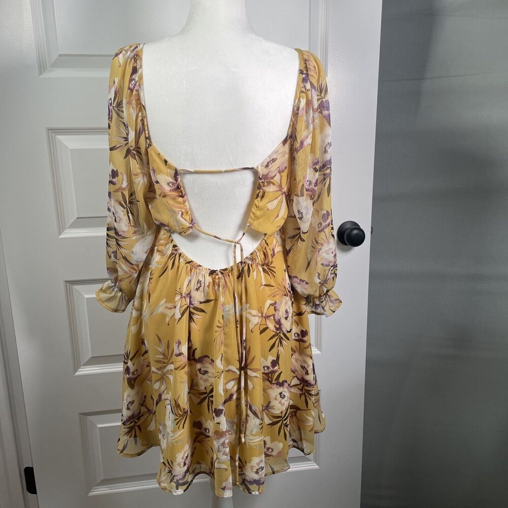 By Together Mustard Floral Open Back Dress Sheer Sleeve Size Medium Shoe Fly - Picture 7 of 11